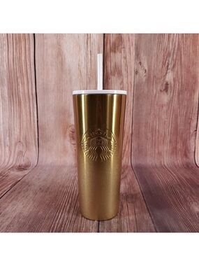 *READ* Starbucks Gold Glitter Ombre Stainless Steel Tumbler Cold Cup 24 oz